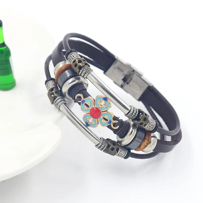 NIHBC22 - One Piece Black Multi Layer Bracelet With Floral Medallion