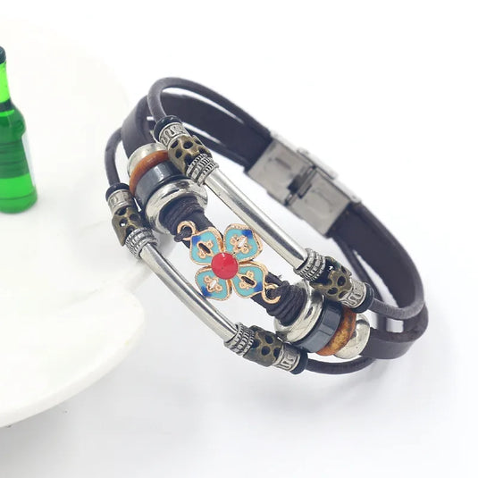 NIHBC22 - One Piece Black Multi Layer Bracelet With Floral Medallion