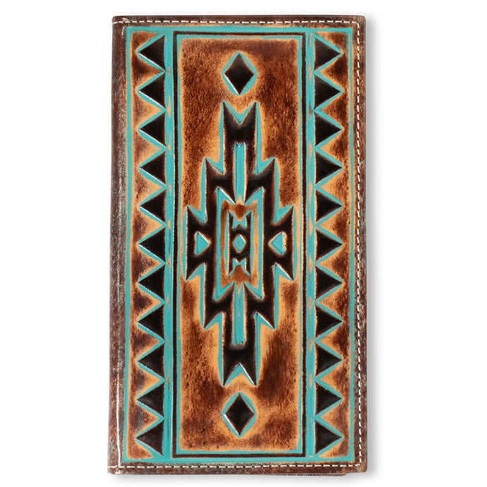 A3560002 - Ariat Men's Rodeo Style Wallet Turquoise Outline Southwestern Brown