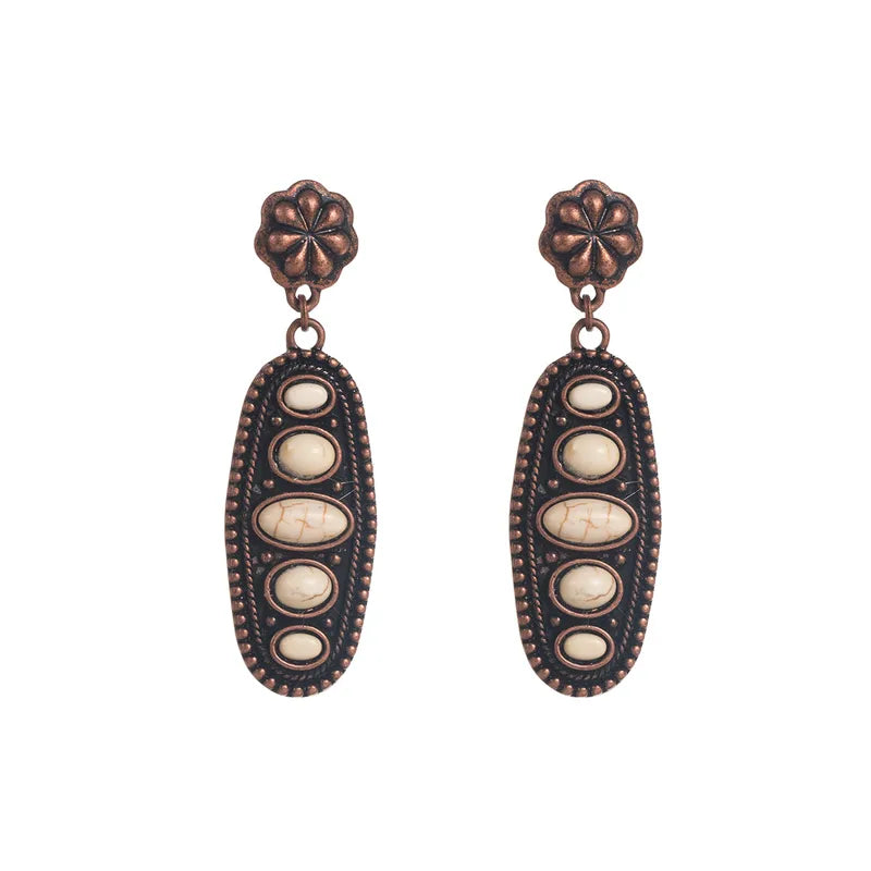 Load image into Gallery viewer, NIHER156 - Asymmetrical Flower Drop Earrings W/ White Oval Inlay
