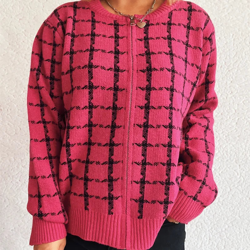 Load image into Gallery viewer, NIHTS57 - Ladies Rose Pink Zip Up Knitted Sweater
