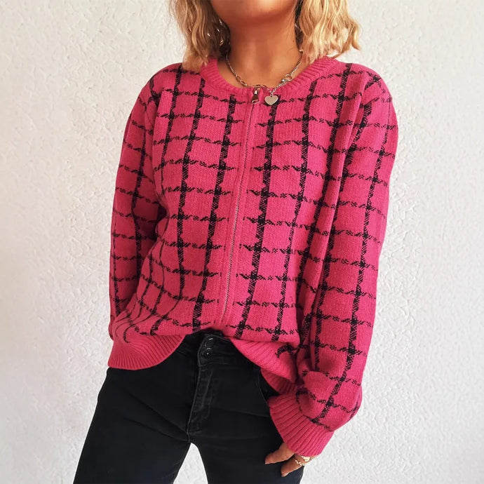 NIHTS57 - Ladies Rose Pink Zip Up Knitted Sweater