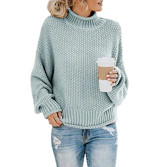 NIHTS81 - Ladies Blue Knitted Thick Yarn Turtleneck Sweater