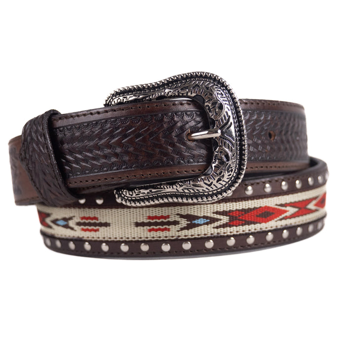 B1045 - RockinLeather Brown Cowhide Aztec Print Inlay Leather Belt