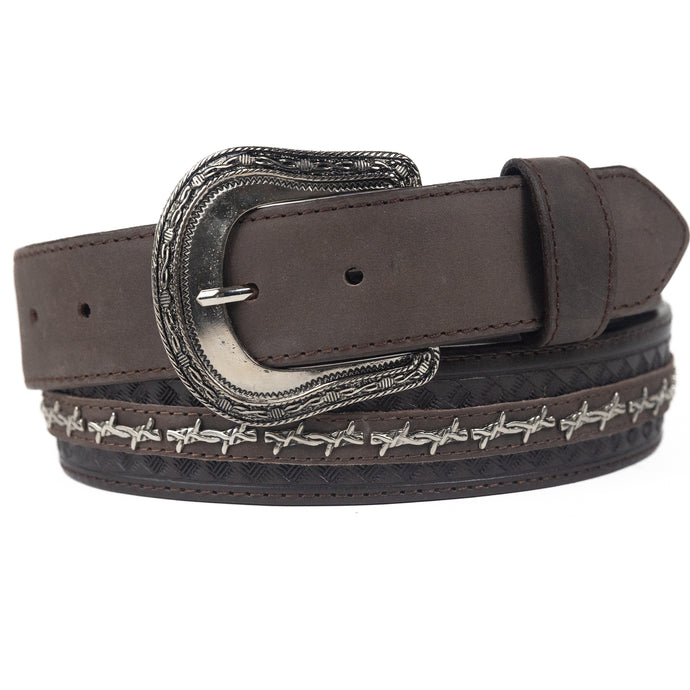 B1058 - RockinLeather Chocolate Cowhide Belt w/Metal Barbed Overlay