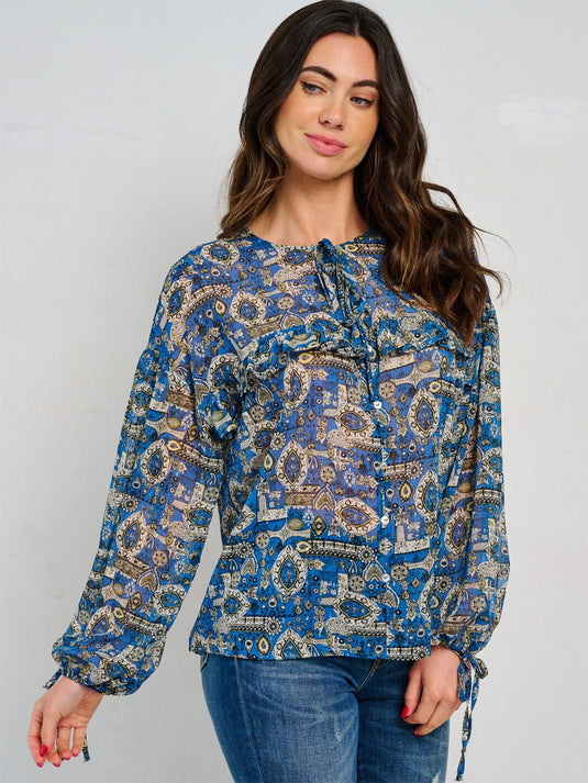WFT 15 - WOMEN'S LONG SLEEVE TIE NECK MULTI PRINT BLOUSE