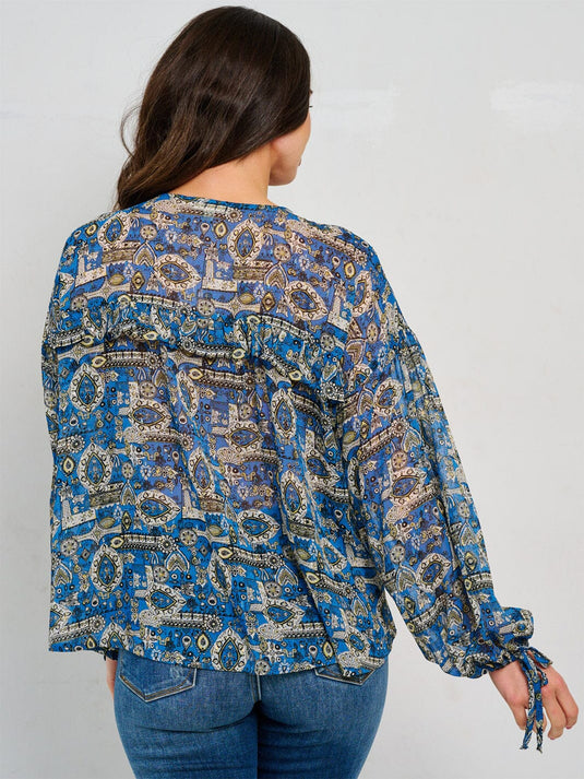 WFT 15 - WOMEN'S LONG SLEEVE TIE NECK MULTI PRINT BLOUSE