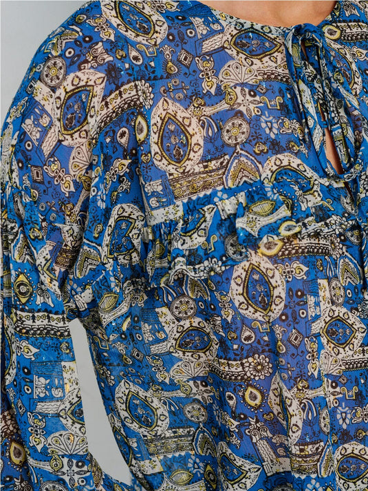 WFT 15 - WOMEN'S LONG SLEEVE TIE NECK MULTI PRINT BLOUSE