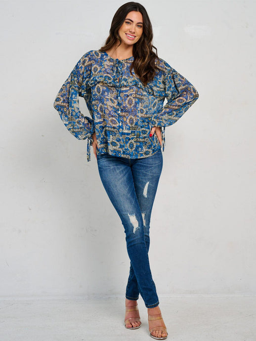 WFT 15 - WOMEN'S LONG SLEEVE TIE NECK MULTI PRINT BLOUSE