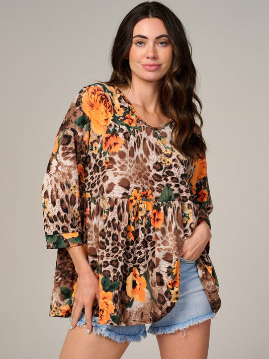 WFT 16 - WOMEN'S 3/4 SLEEVE V-NECK ANIMAL PRINT FLORAL TUNIC BLOUSE