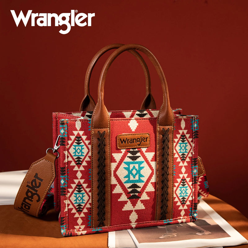 Load image into Gallery viewer, WG2203-8120SBDY - Wrangler Southwestern Print Small Canvas Tote/Crossbody -Burgundy
