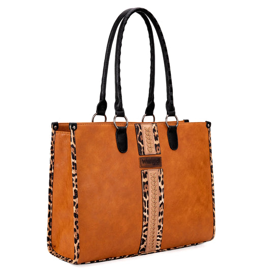 WG83G-8317 BR - Wrangler Leopard Print Concealed Carry Tote - Brown