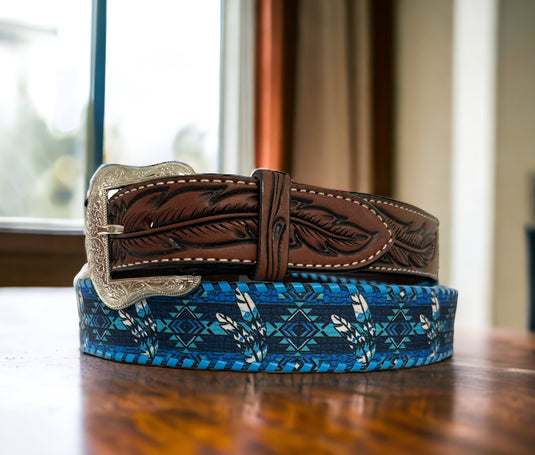 BT-901 - Ranger Belt Co. Carved Leather Belt W/ Feathers