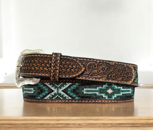 BT1392 - Ranger Belt Co. Tooled Leather Beaded Belt