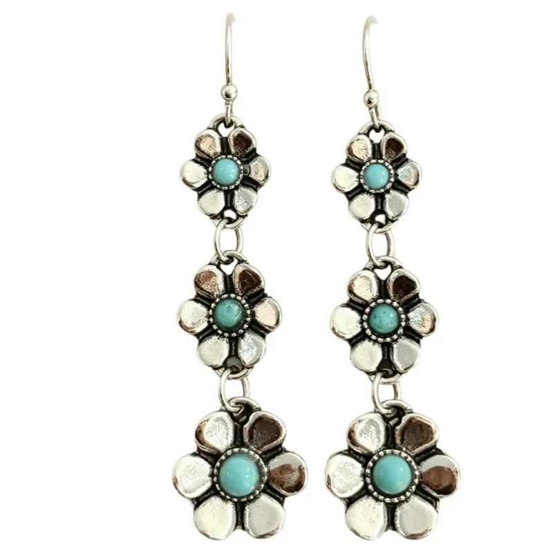 Load image into Gallery viewer, NIHER130 - Retro Flower Earrings In Alloy W/Turquoise Inlay

