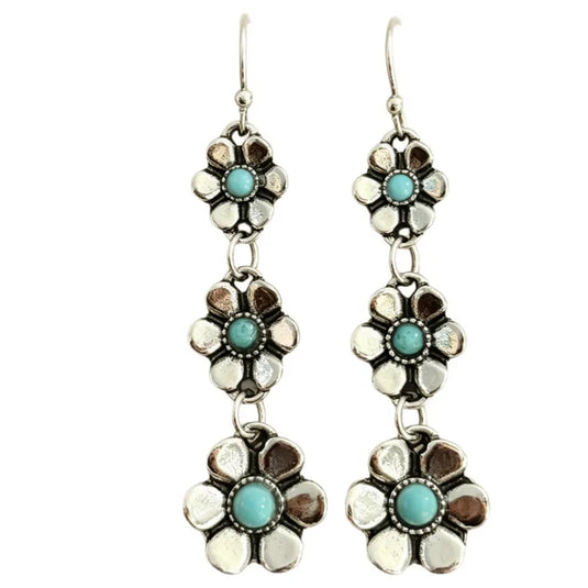 NIHER130 - Retro Flower Earrings In Alloy W/Turquoise Inlay