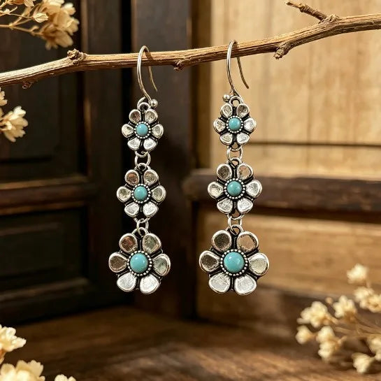 Load image into Gallery viewer, NIHER130 - Retro Flower Earrings In Alloy W/Turquoise Inlay
