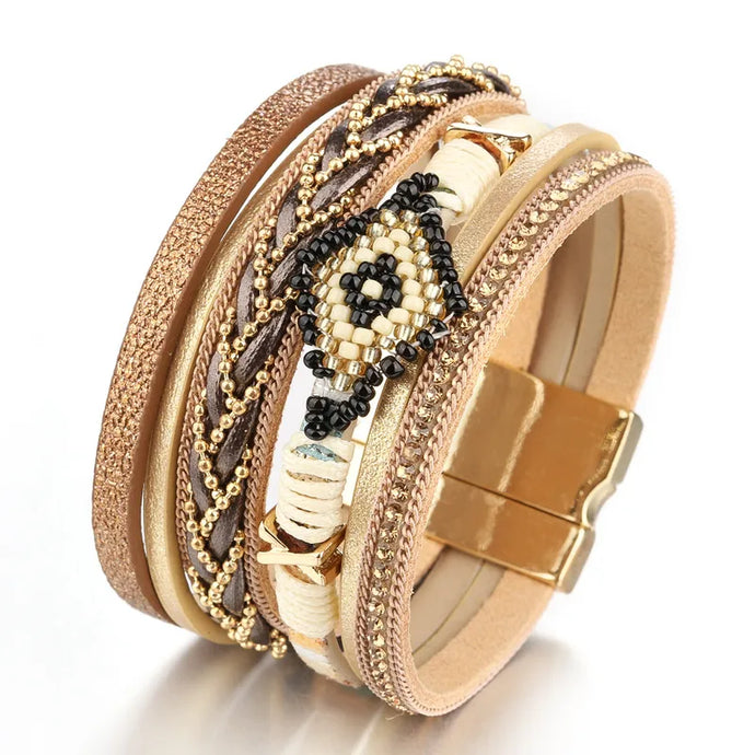 NIHBC55 - Boho Khaki Multi Layer Devil's Eye Bracelet