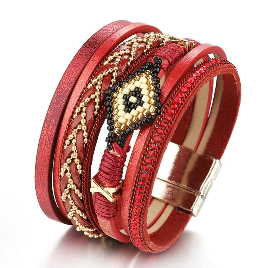 NIHBC53 - Boho Red Multi Layer Devil's Eye Bracelet
