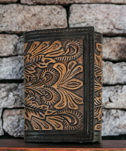 C1300T - Ranger Belt Co. Leaf Tooled Tri-Fold Wallet