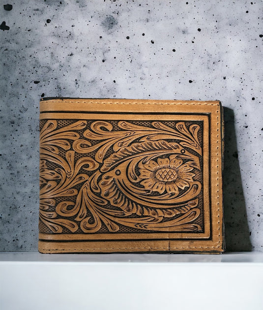 C1301B - Ranger Belt Co. Leaf Tooled Bi-Fold Wallet