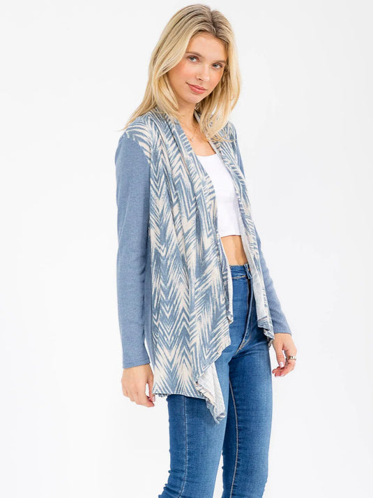 WFT 35 - WOMEN'S LONG SLEEVE OPEN FRONT RIBBED PRINTED CARDIGAN
