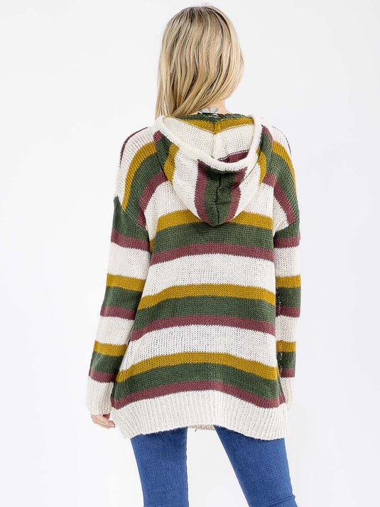 WFT 38 - WOMEN'S LONG SLEEVE HOODED OVERSIZED PULLOVER COLORBLOCK STRIPES SWEATER
