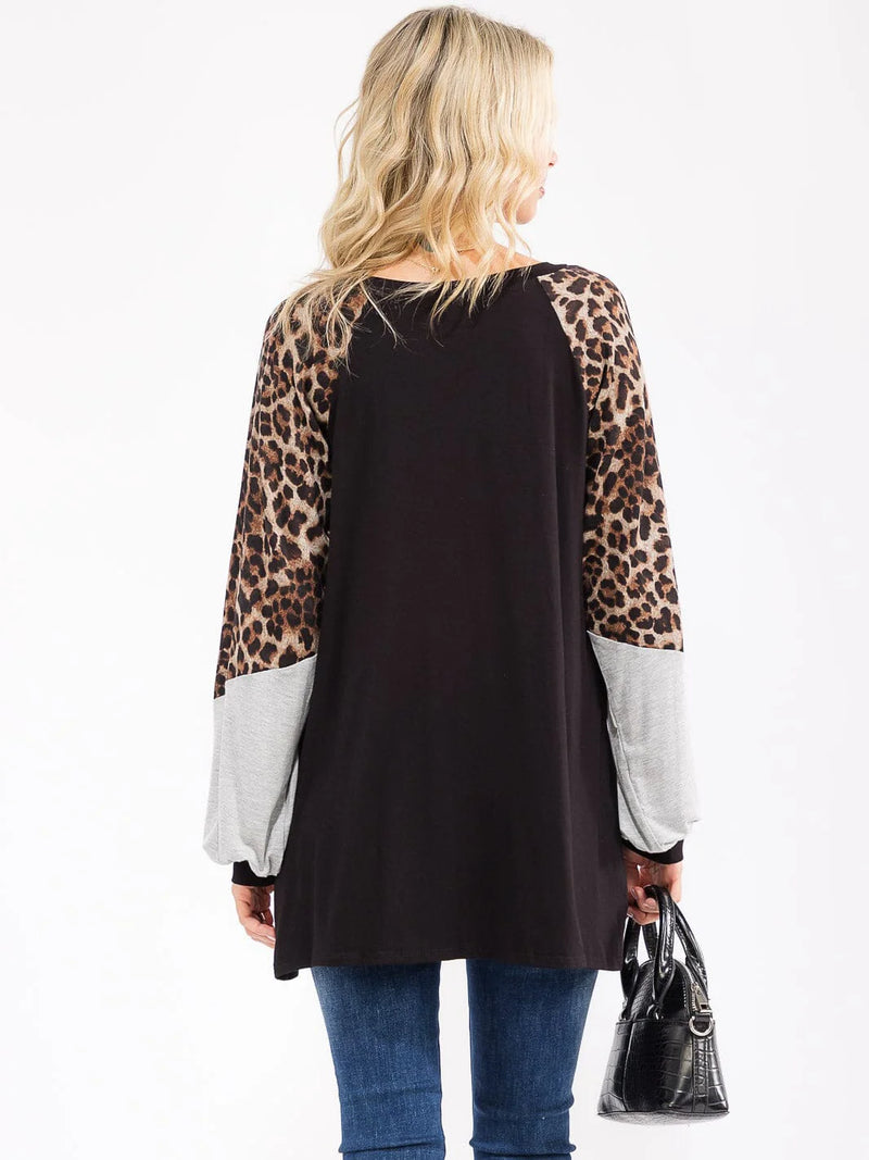 Load image into Gallery viewer, WFT 36 - WOMEN'S LONG SLEEVE ANIMAL PRINT COLORBLOCK V-NECK TUNIC TOP
