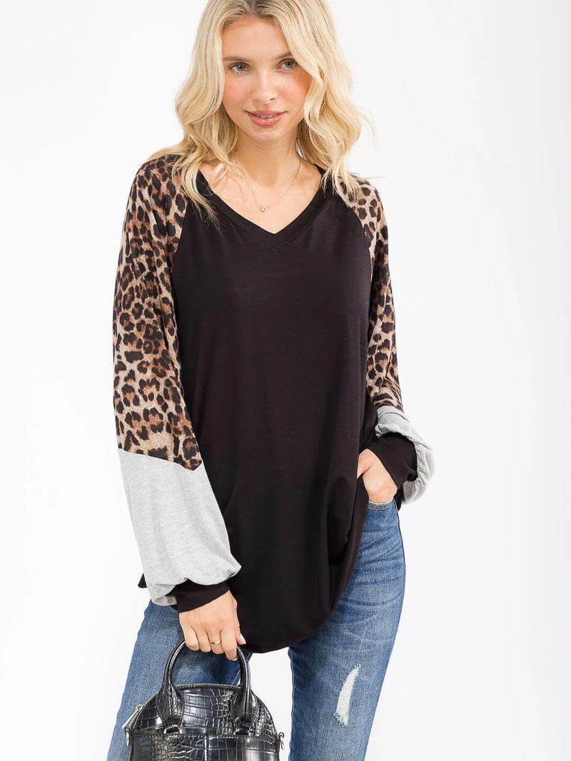 Load image into Gallery viewer, WFT 36 - WOMEN'S LONG SLEEVE ANIMAL PRINT COLORBLOCK V-NECK TUNIC TOP
