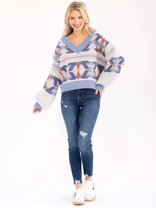 WFT 37 - WOMEN'S LONG SLEEVE V-NECK MULTI PRINT PULLOVER SWEATER