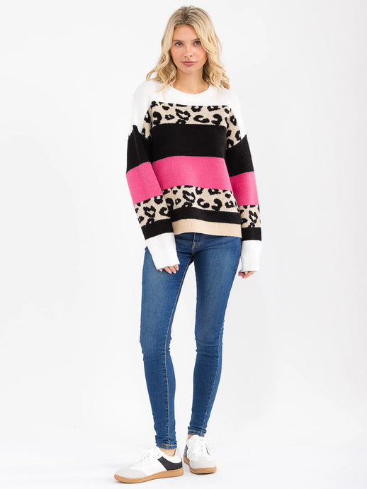 WFT 27 - WOMEN'S LONG SLEEVE COLORBLOCK ANIMAL PRINT PULLOVER SWEATER