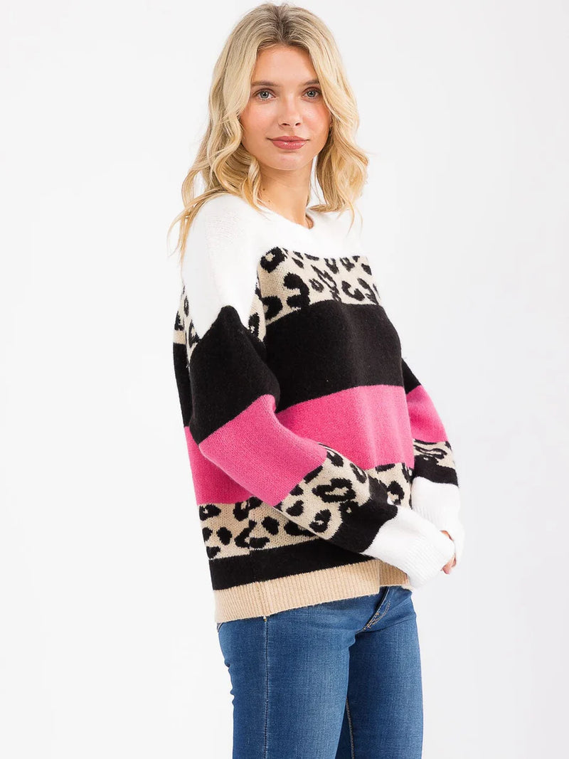 Load image into Gallery viewer, WFT 27 - WOMEN&#39;S LONG SLEEVE COLORBLOCK ANIMAL PRINT PULLOVER SWEATER
