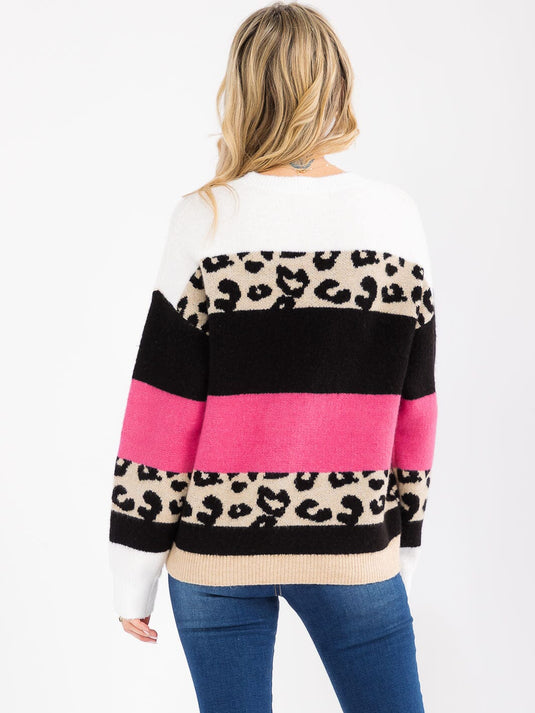 WFT 27 - WOMEN'S LONG SLEEVE COLORBLOCK ANIMAL PRINT PULLOVER SWEATER