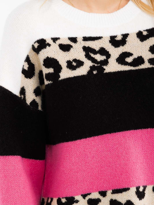 WFT 27 - WOMEN'S LONG SLEEVE COLORBLOCK ANIMAL PRINT PULLOVER SWEATER