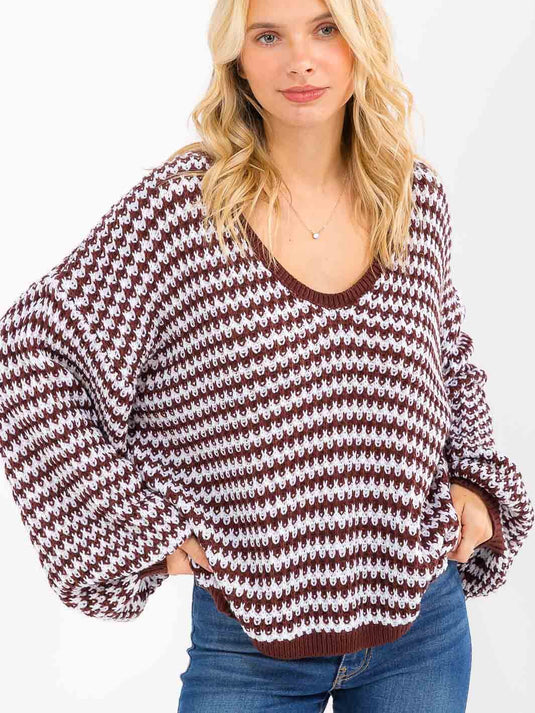 WFT 31 - WOMEN'S V-NECK COLORBLOCK OVERSIZED PULLOVER SWEATER