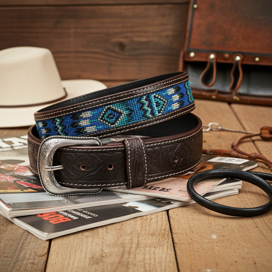 CP1008 - Cowboy Prayer Cowhide Leather Belt w/ Aztec Print Inlay
