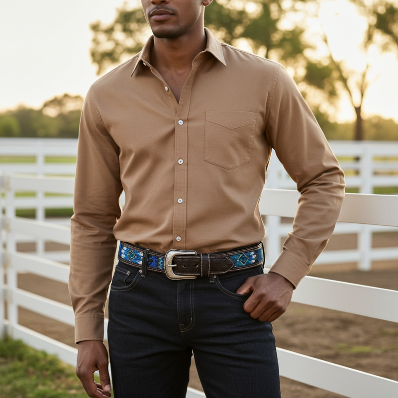 Load image into Gallery viewer, CP1008 - Cowboy Prayer Cowhide Leather Belt w/ Aztec Print Inlay
