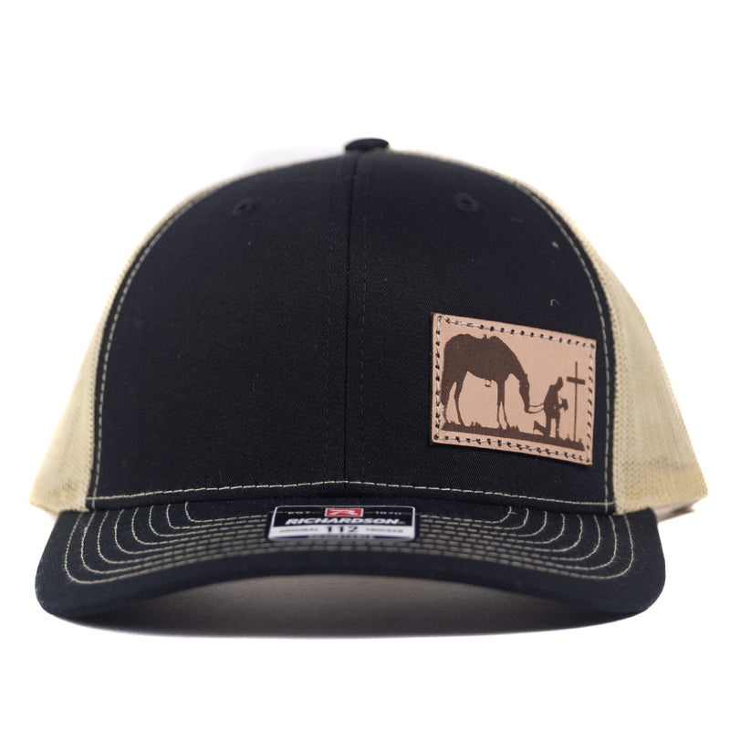 Load image into Gallery viewer, CP101 - Cowboy Prayer Leather Patch Black/Vegas Gold Cap
