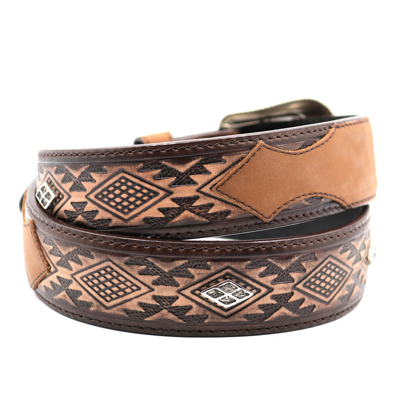 Load image into Gallery viewer, CP1013 - Cowboy Prayer Cowhide Leather Belt w/Aztec Print
