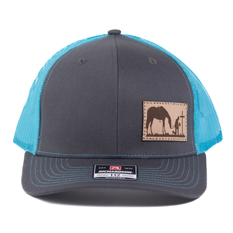 Load image into Gallery viewer, CP104 - Cowboy Prayer Leather Patch Charcoal/Neon Blue Cap
