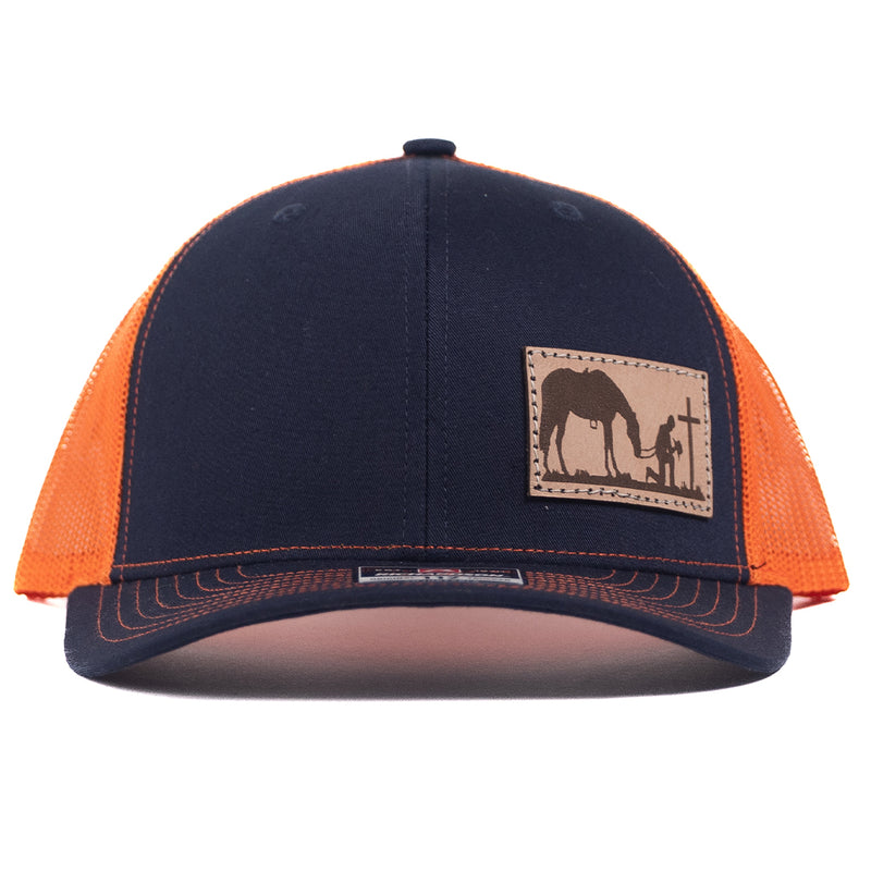 Load image into Gallery viewer, CP105 - Cowboy Prayer Leather Patch Navy/Orange Cap
