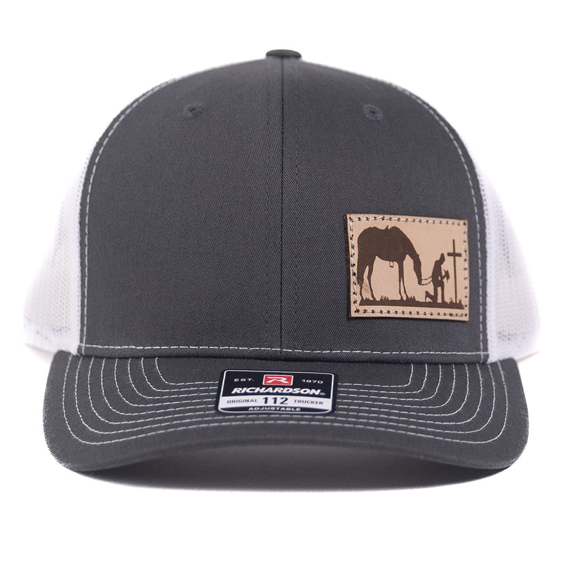 Load image into Gallery viewer, CP116 - Cowboy Prayer Leather Patch Charcoal/White Cap
