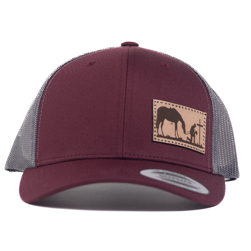 Load image into Gallery viewer, CP119 - Cowboy Prayer Leather Patch Maroon/Grey Cap
