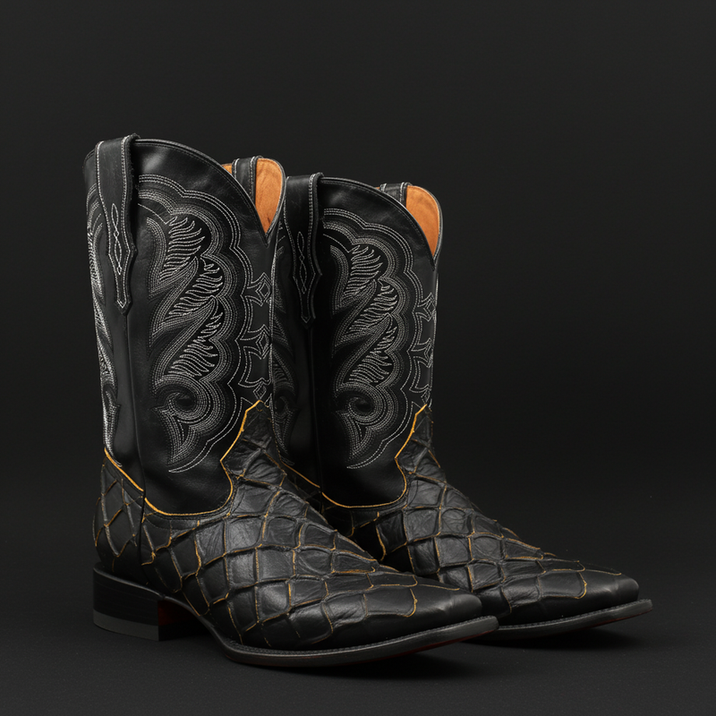 Load image into Gallery viewer, CP1702 - Cowboy Prayer Pirarucu Print w/Yellow Underlay Cowboy Boots
