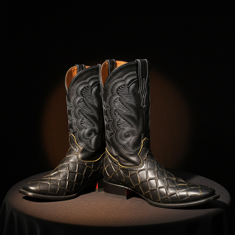 Load image into Gallery viewer, CP1702 - Cowboy Prayer Pirarucu Print w/Yellow Underlay Cowboy Boots
