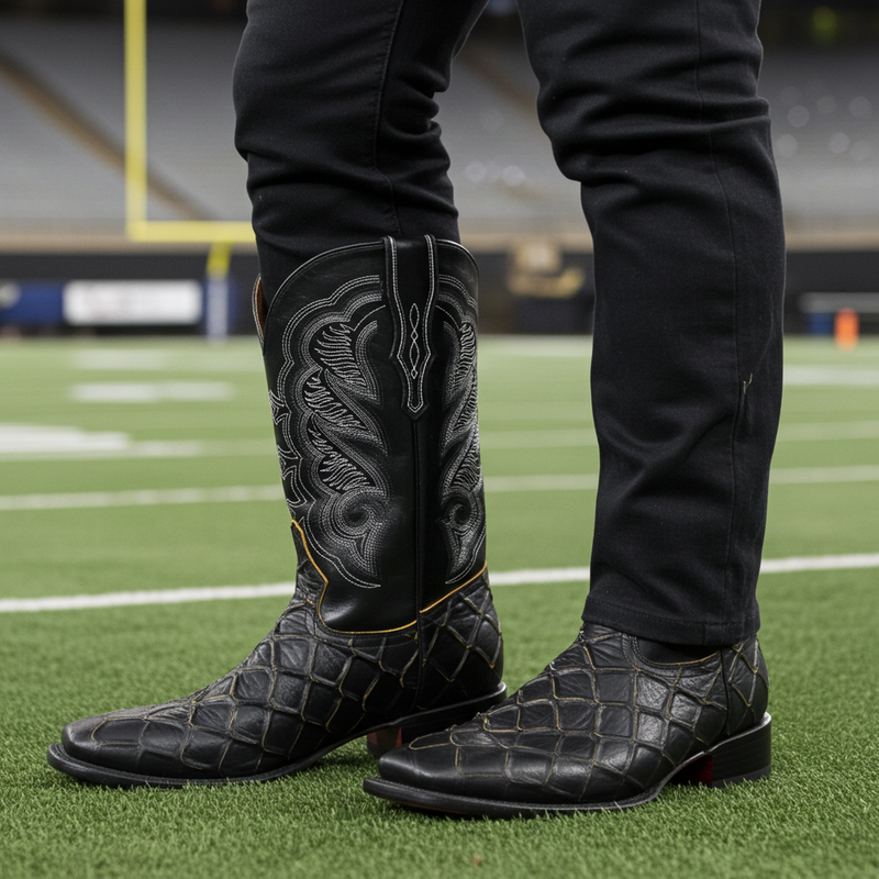 Load image into Gallery viewer, CP1702 - Cowboy Prayer Pirarucu Print w/Yellow Underlay Cowboy Boots
