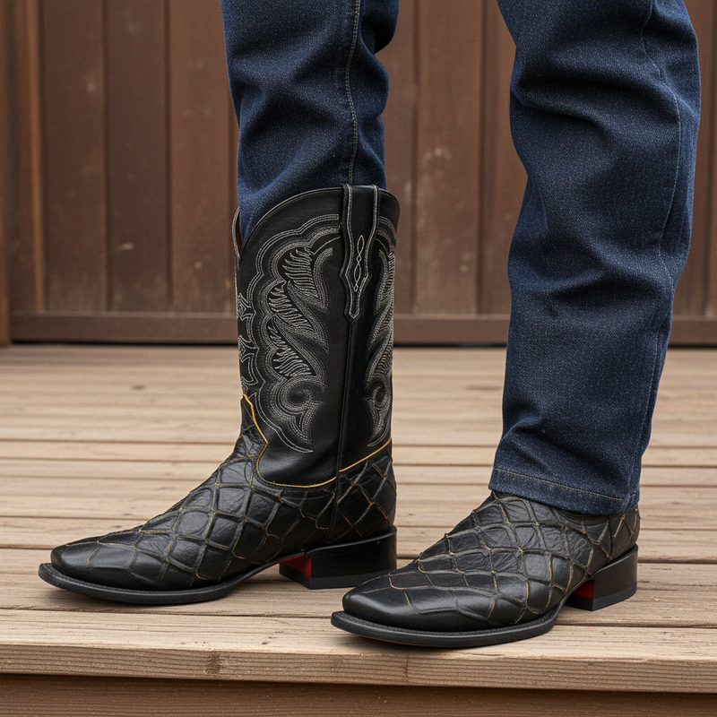 Load image into Gallery viewer, CP1702 - Cowboy Prayer Pirarucu Print w/Yellow Underlay Cowboy Boots
