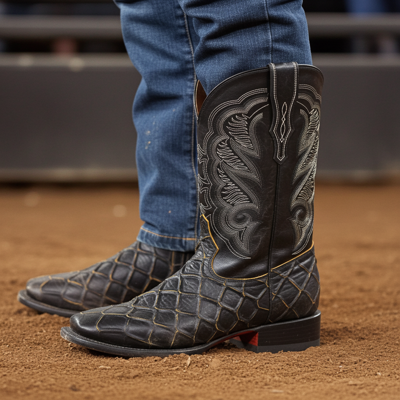 Load image into Gallery viewer, CP1702 - Cowboy Prayer Pirarucu Print w/Yellow Underlay Cowboy Boots
