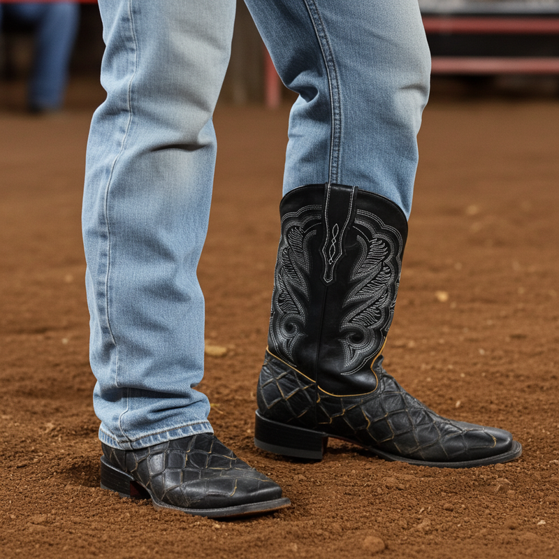 Load image into Gallery viewer, CP1702 - Cowboy Prayer Pirarucu Print w/Yellow Underlay Cowboy Boots
