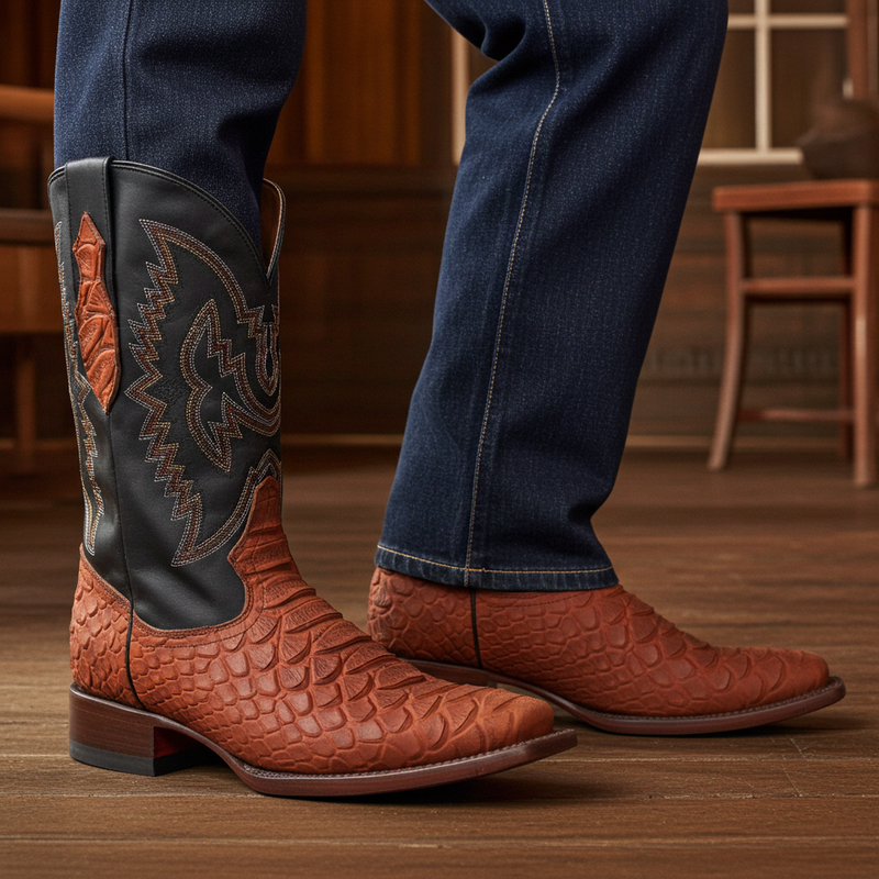 Load image into Gallery viewer, CP1704 - Cowboy Prayer Hand Crafted Rust Brown Python Print Cowboy Boot
